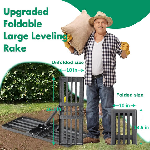 Foldable Lawn Leveling Rake With 30x10 Inch Ground Plate And 70 Inch Adjustable Handle shown folded and unfolded in garden