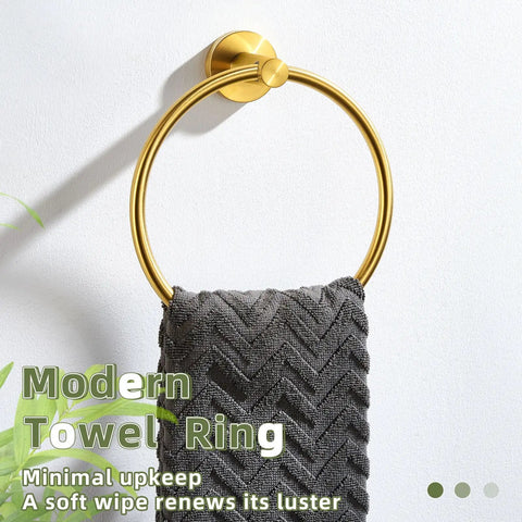 Brushed Dark Gold Towel Ring For Bathroom Wall, Heavy Duty SUS 304 Stainless Steel Hand Towel Holder with gray towel.