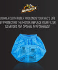 Blue reusable cloth filter for 2.5 to 4 gallon wet dry vacuums with illustrations, compatible with AA255W V0405P 0901 VO408S models