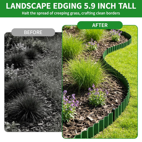 Before and after of a garden with Flexible Landscape Edging Kit 59 Feet With 16 Extra Long Stakes 6 Inch Tall Plastic Border