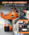 Electric Car Jack Kit 5 Ton Hydraulic Lift With 12V Power, Lifting Range 6.1 to 17.7 Inches, being connected to car battery