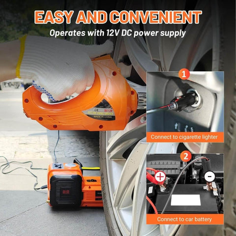Electric Car Jack Kit 5 Ton Hydraulic Lift With 12V Power, Lifting Range 6.1 to 17.7 Inches, being connected to car battery