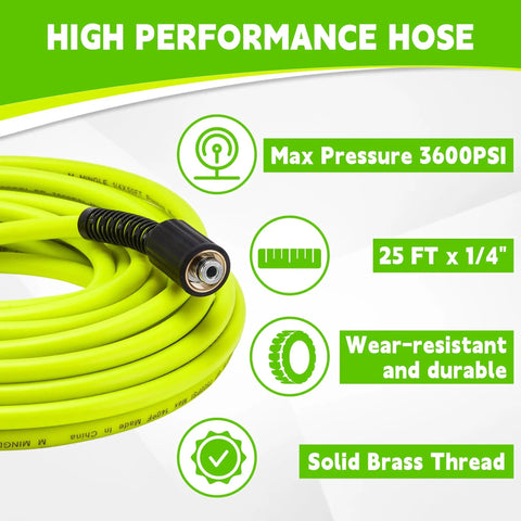 Pressure Washer Hose And Gun Kit, 25 Ft With 5 Nozzle Tips And M22-14mm Fittings, 25 ft hose with high performance and brass thread