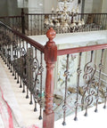 Heavy Duty Metal Staircase Balusters 6 Pack Adjustable Angle Railing Spindles for Deck and Porch installed with wooden railing.