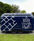 Complete Mobile Food Trailer For Sale Turnkey Snack Cart And Top Shelf Burger Stand Setup Ready To Roll Premium Grilled Food Kiosk side view with coffee cup graphic.