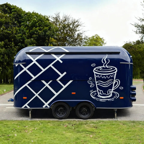 Complete Mobile Food Trailer For Sale Turnkey Snack Cart And Top Shelf Burger Stand Setup Ready To Roll Premium Grilled Food Kiosk side view with coffee cup graphic.