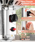 Close-up of ignition system on Propane Outdoor Patio Heater 50,000 BTU With Instant Heat, 360 Degree Heating Coverage, stainless steel body.