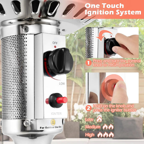 Close-up of ignition system on Propane Outdoor Patio Heater 50,000 BTU With Instant Heat, 360 Degree Heating Coverage, stainless steel body.