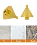 Beveling Chamfer Bit With Diamond Cone Tile Bit 1.5 Inch Countersink Drill Bit For Hole Enlarging And Trimming In Tile Granite Marble Ceramic Wood M10 Thread Fits Most Angle Grinders, shown in front and side views with tile, marble, and quartz samples.