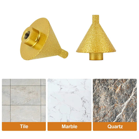 Beveling Chamfer Bit With Diamond Cone Tile Bit 1.5 Inch Countersink Drill Bit For Hole Enlarging And Trimming In Tile Granite Marble Ceramic Wood M10 Thread Fits Most Angle Grinders, shown in front and side views with tile, marble, and quartz samples.
