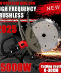 Heavy Duty 5000W Brushless Wet Cut Ring Saw With Integrated Water Pump And Twin Diamond Blades, cutting through reinforced concrete.