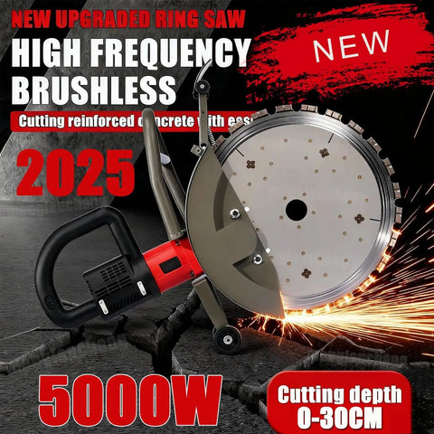 Heavy Duty 5000W Brushless Wet Cut Ring Saw With Integrated Water Pump And Twin Diamond Blades, cutting through reinforced concrete.
