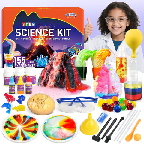 Science Kit With Over 60 To 155 Hands On Experiments And A Volcano STEM Lab For Curious Kids Ages 6 Plus shown with girl and tools