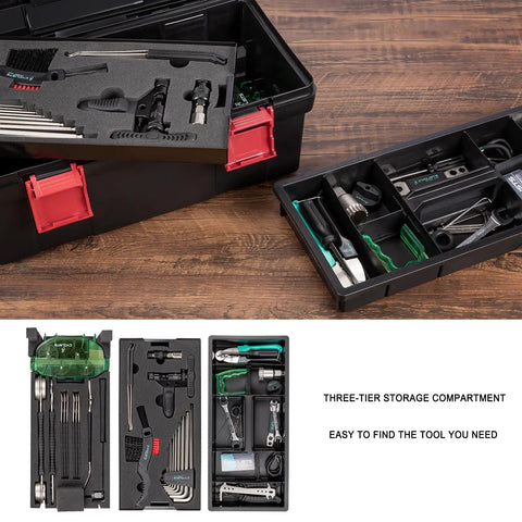 Portable 35 Piece Bike Repair Tool Kit With Storage Case for Road and Mountain Bikes shown open with visible tool compartments.