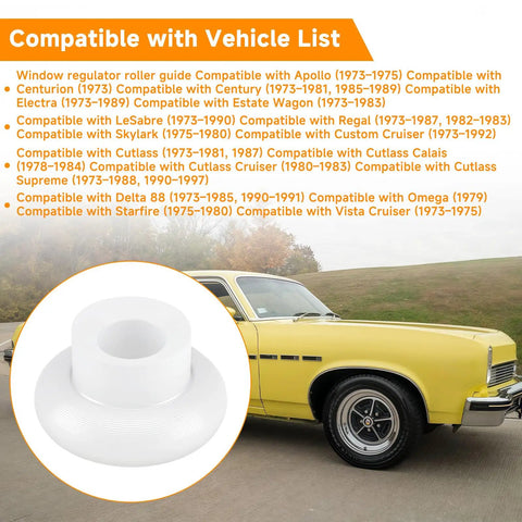 Close-up of 2 Pack Window Regulator Roller Replacement For Buick Classics 1973 To 1997 Front Rear Left Right Window Track Guide Durable Steel Rollers DIY Friendly Install Fits Century LeSabre Regal Estate Wagon Apollo Centurion And More with vintage Buick car in background