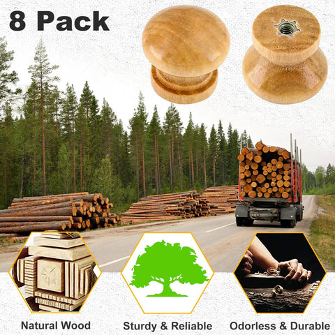 Eight Pcs Natural Wood Dresser Knobs Round Mushroom Cabinet Knobs For Drawers And Cupboards One Inch Diameter Seven Eighths Inch