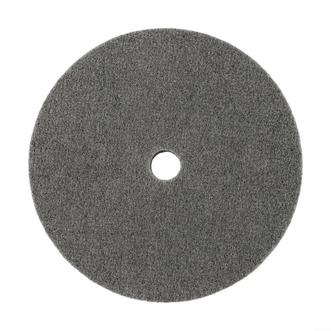 6 Inch Nylon Fiber Polishing Wheel With 180 Grit Deburring And Grinding Disc, grey surface and central hole, top view