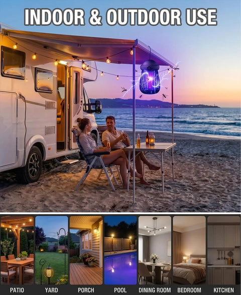 People relaxing by camper with Cordless Indoor Outdoor Bug Zapper With 365Nm UV Light Attracts Mosquitoes Flies Wasps And Moths.