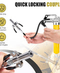 Person holding Mini Grease Gun Kit With 4500 PSI Power, Garage Ready Upgraded Double Handle 6 Jaw Locking Coupler, yellow body
