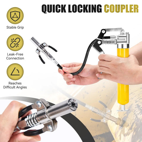 Person holding Mini Grease Gun Kit With 4500 PSI Power, Garage Ready Upgraded Double Handle 6 Jaw Locking Coupler, yellow body