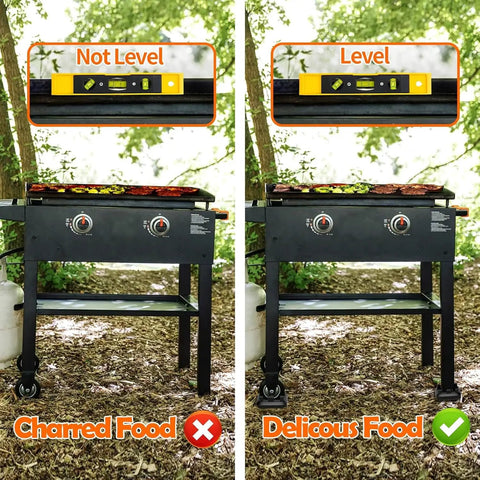 Comparison of a griddle using Quarter Inch Griddle Leveling Shims Kit Four Pack Leveler Tool For Precise Cooking And Even Heat On Griddle BBQ And Grill Accessories Professional Grade Made In USA, showing level and unlevel states with food results.