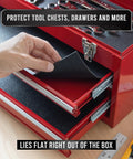 Pro Grade Tool Box Liner 10 Ft By 24 In Non Slip Thick Drawer And Shelf Mat For Toolbox Cabinets Keeps Tools In Place Prevents Scratches And Messes Black installed in red toolbox cabinet, showcasing non-slip feature.