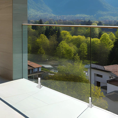 Glass balcony with Adjustable Glass Clamp Bracket For Stainless Steel Shelf Holder Railing, overlooking scenic valley.