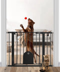Wide Auto Close Baby Gate With Cat Door for Stairs in black, dog and cat behind gate