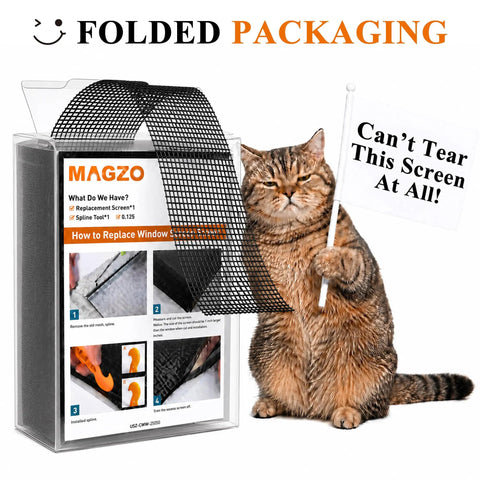 Cat beside Heavy Duty Pet Proof Window And Door Screen Mesh Built To Last From Vinyl Coated Polyester in folded packaging
