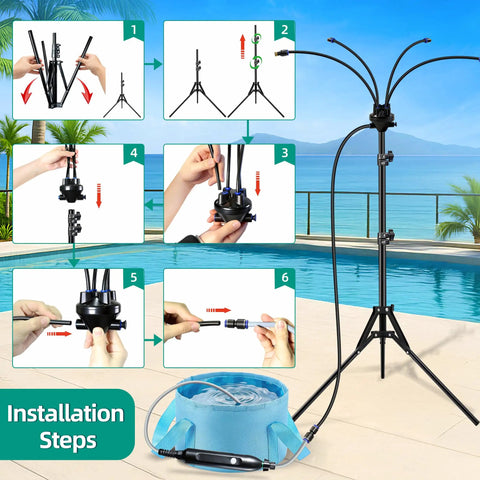 Installation steps of Portable Outdoor Patio Misting System With 15L Water Bucket, 5.3 Ft Adjustable Height Standing Mister.