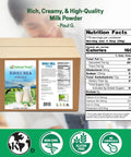 Whole Milk Powder For Baking And Cooking And Drinks Creamy Pasteurized Dry Milk Non GMO Gluten Free Kosher Certified 55 Lbs Wisconsin Sourced From Local Cows Go To Pantry Staple, packaging box with nutrition facts.