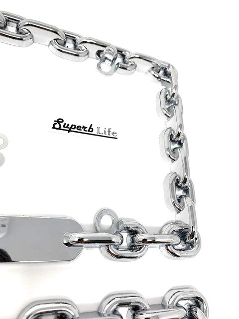 Close-up of a chrome mega metal round chain link license plate frame reflecting light, part of a 2-piece set.