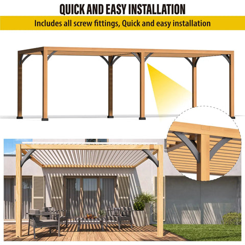 Beefy Heavy Duty Arc 45 Degree Angle Support Brackets Set For Wood Frames installed on pergola, outdoor powder coated black.