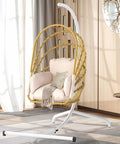 Beige Wicker Egg Chair With Stand For Indoor And Outdoor Use Foldable Hanging Hammock Cushions Included 300 Lbs Capacity