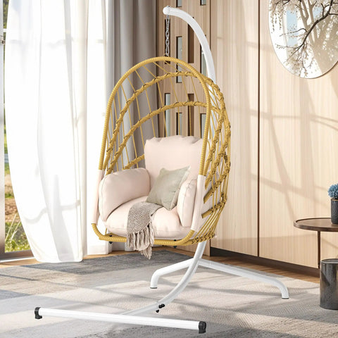 Beige Wicker Egg Chair With Stand For Indoor And Outdoor Use Foldable Hanging Hammock Cushions Included 300 Lbs Capacity