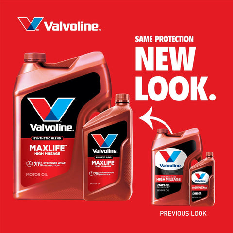 Valvoline MaxLife High Mileage synthetic blend motor oil containers, set of four red jugs with Valvoline logo