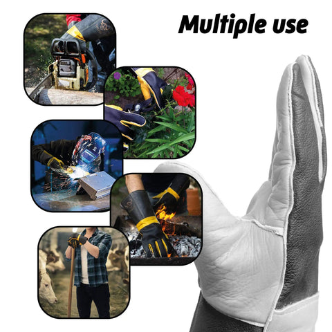 Montage showing Bite Proof Animal Handling Gloves With Kevlar Reinforcement And Leather Shield For Safe Grooming Dogs Cats Birds Snakes Raptors And More, Scratch Resistant, Black And Yellow, Sizes Small And Medium, Grips Like a Boss, used in various tasks.