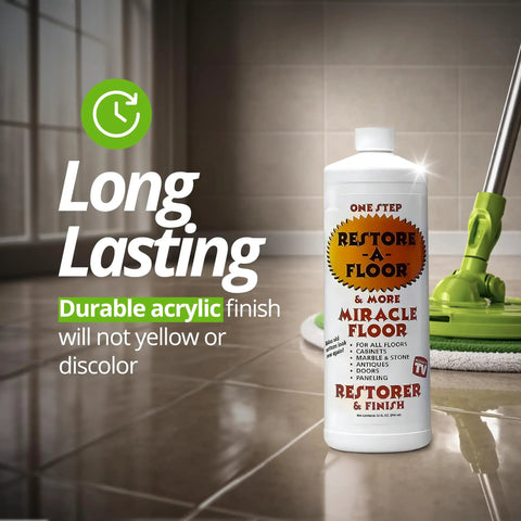 Showroom Ready Hella Glossy Floor Polish And Restorer With High Gloss Wax Coating That Fills Scratches And Brings New Life To Dull Hardwood Laminate Vinyl Tile And Marble Surfaces Today in a 32 oz bottle on a clean floor.