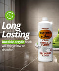 Showroom Ready Hella Glossy Floor Polish And Restorer With High Gloss Wax Coating That Fills Scratches And Brings New Life To Dull Hardwood Laminate Vinyl Tile And Marble Surfaces Today, 32 oz bottle on glossy tile floor.