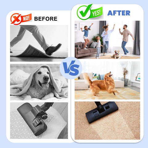 Comparison showing before and after using Non Slip Rug Grippers 16 Piece Carpet Stickers Keep Area Rugs In Place On Tile Stairs And Hardwood Floors Heavy Duty Rug Tape For No Damage And Easy Gripping Black, highlighting secure rugs and active family.