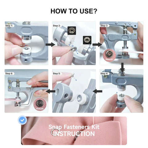 Instructional guide for 200 Sets 9.5mm Metal Snap Button Kit With Upgraded Easy Press Fastener Pliers showing step-by-step usage