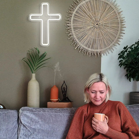 Cross Neon Sign Light Jesus Christ USB Powered Wall Mount Decor For Home Wedding Party Meditation Easter White 16x12 Inch Acrylic Back Panel Neon Glow With PVC Hose Perfect Gift And Holy Vibe Dope Centerpiece