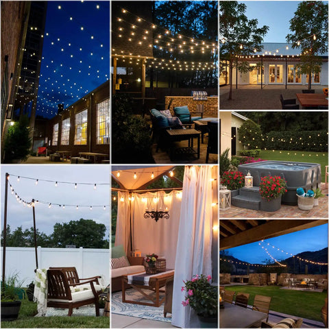 Outdoor String Lights 100 Ft Edison Bulbs Waterproof Warm White 2200K for patio gazebo pergola, evening backyard ambience.