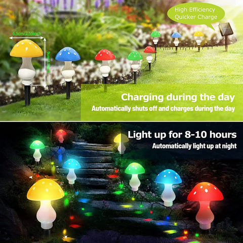 Dope Multicolor Solar Powered Mushroom Garden Lights With 50 LEDs, 23ft Outdoor Fairy String Lights, Waterproof And Weatherproof, 8 Modes shining along pathway during day and night.
