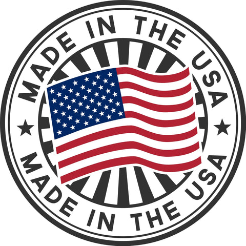 Made in the USA circular badge with American flag graphic