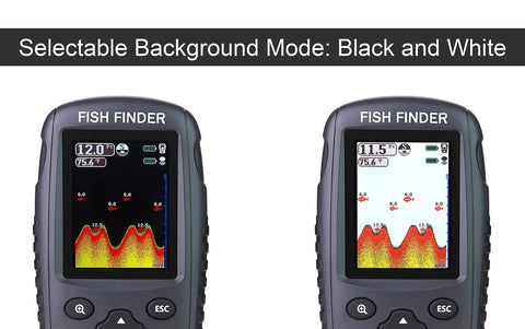 Portable Wireless Fish Finder with Rechargeable Battery, Castable Transducer, black and white display modes shown
