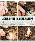 Ferro Rod Fire Starter Kit With Carbon Steel Striker And Compass Integrated Hardwood Handle For Camping, Hiking, Bushcraft shown in use to start fire in four steps.