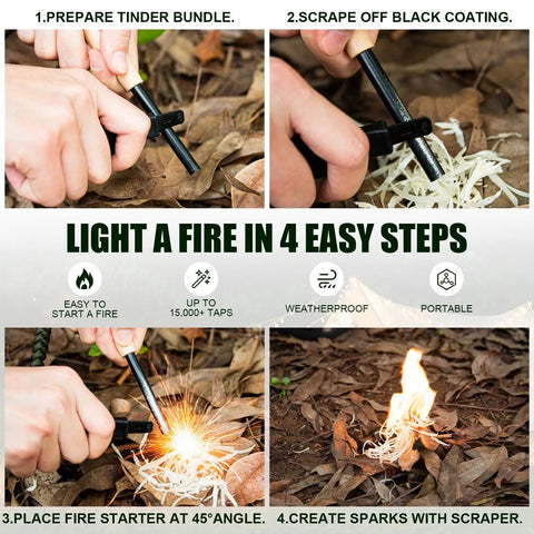 Ferro Rod Fire Starter Kit With Carbon Steel Striker And Compass Integrated Hardwood Handle For Camping, Hiking, Bushcraft shown in use to start fire in four steps.