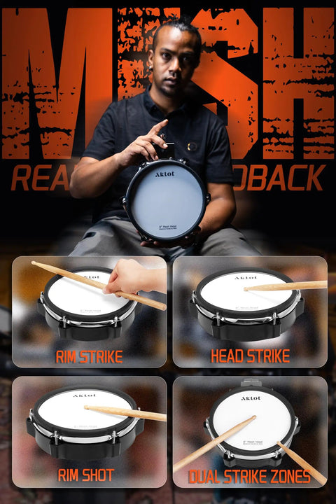 Playing B Core 530 Electric Drum Set With Dual Zone Quiet Mesh Pads showing snare dual strike zones and rim shots.