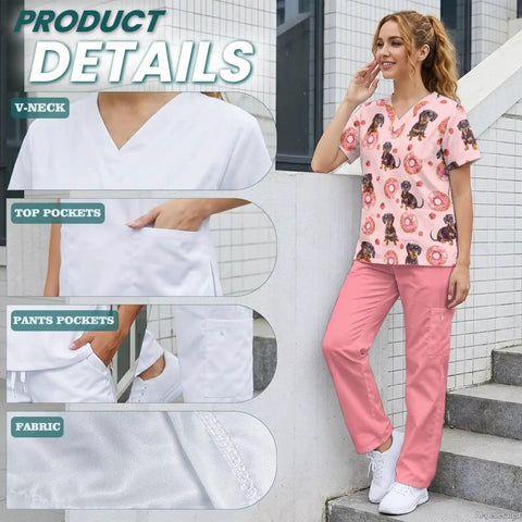 Dachshund Print Scrubs Set For Women All Day Comfort Tops And Pants Multi Profession Nurse Uniform with handy pocket design